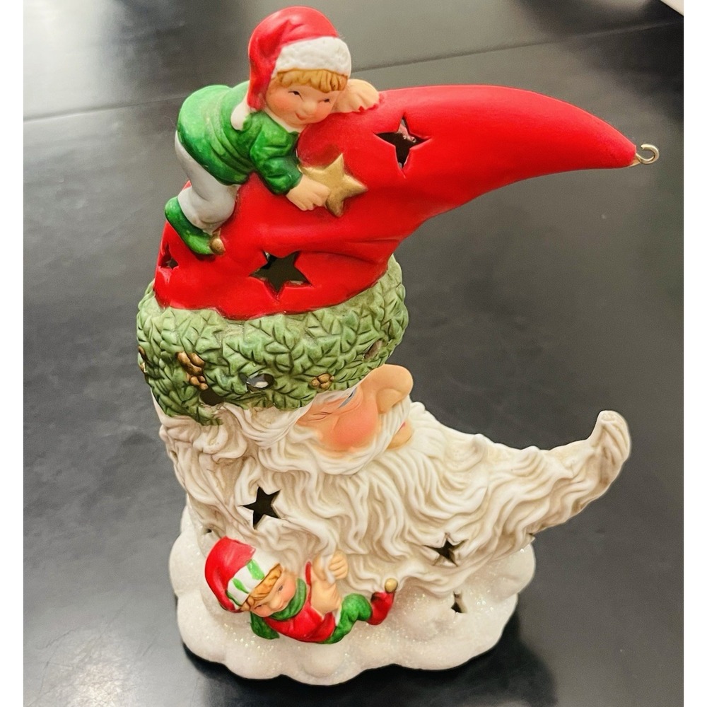 VTG Christmas Santa Claus Elves Ceramic Illuminated Crescent Moon Tea Light